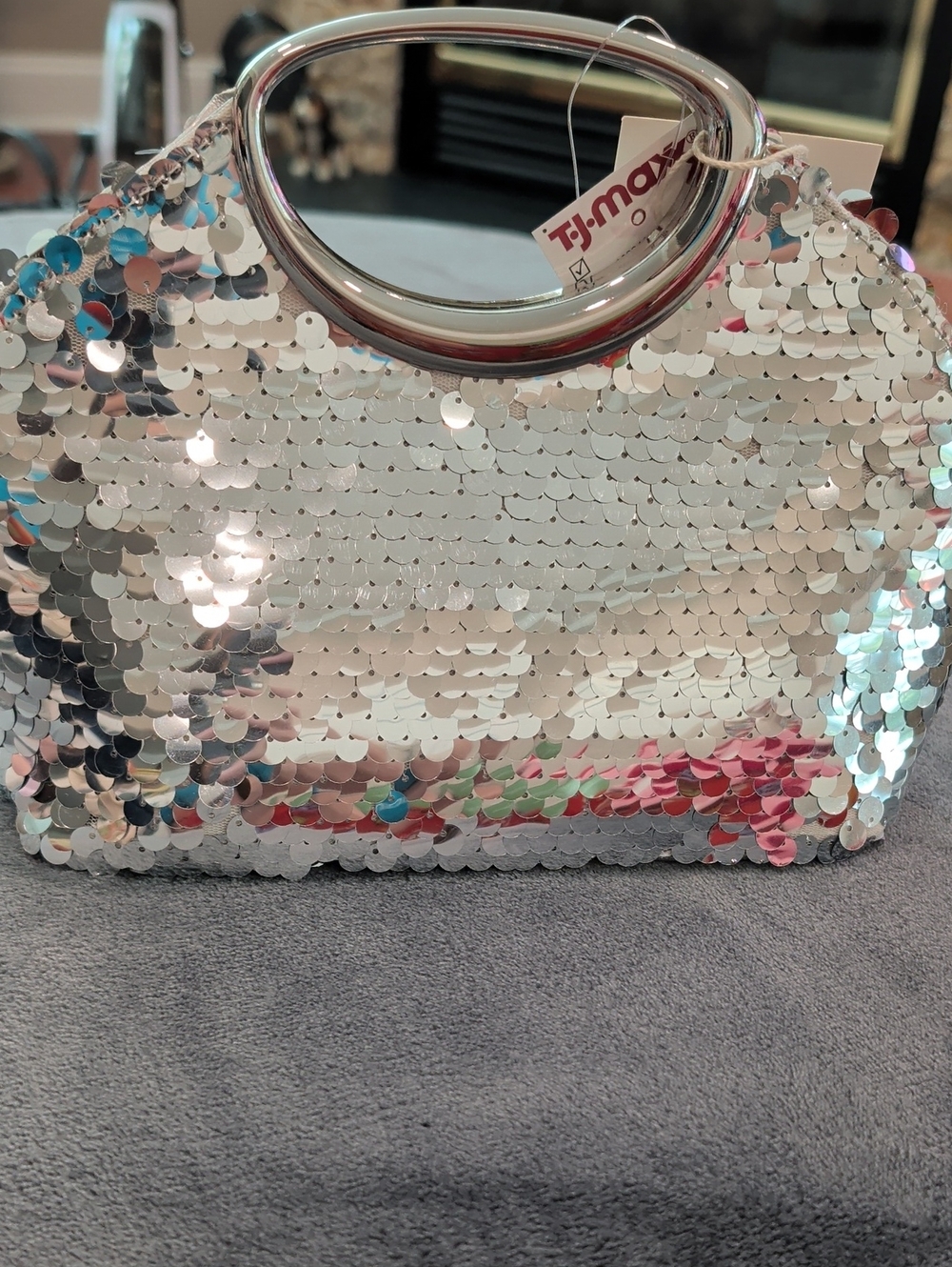 Alina Silver Sequin Handheld Bag with Metallic Handle Dust Bag Included